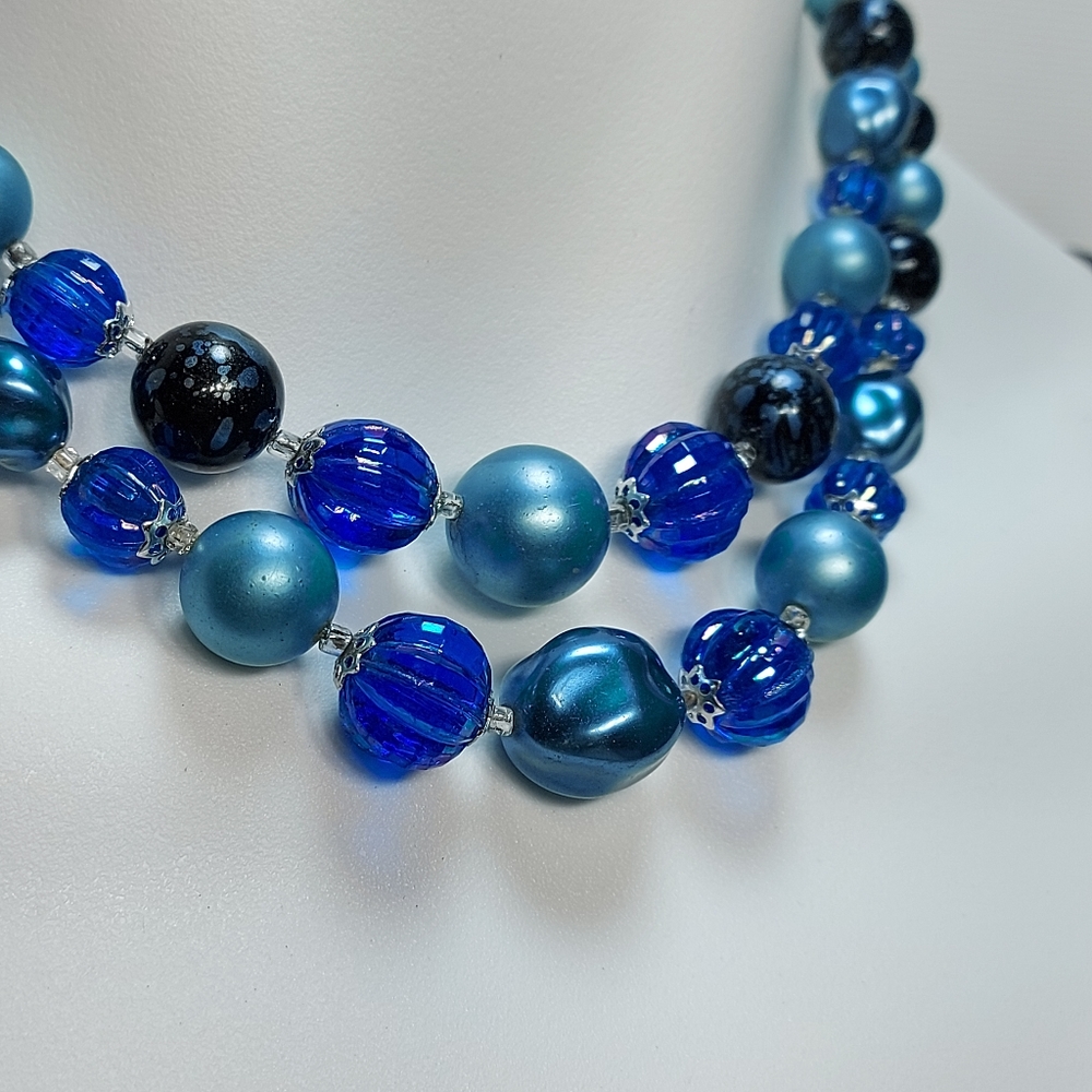 Vintage Blue Glass Beaded Three Layered Necklace